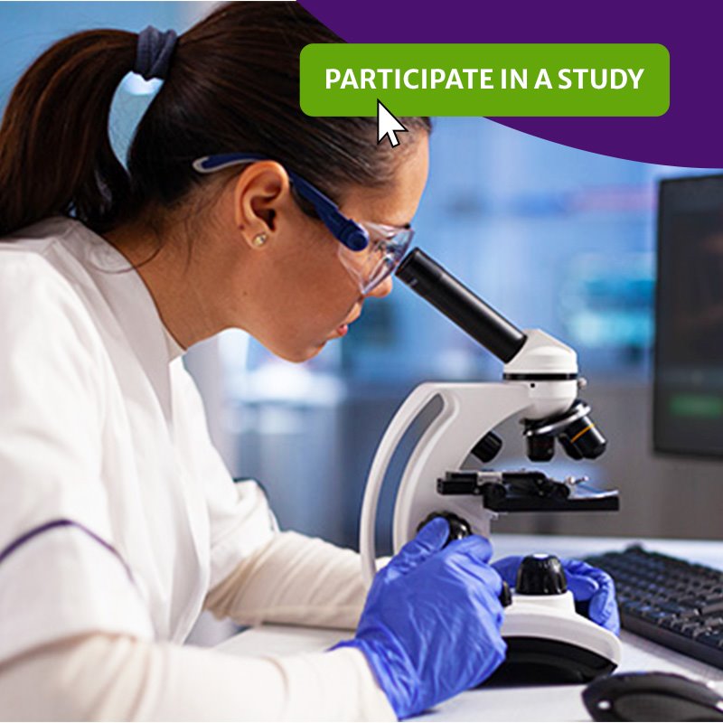 Clinical research specialist evaluating samples and the words, participate in a study, on a button