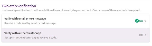 Example of two-step verification options for ARC MyChart