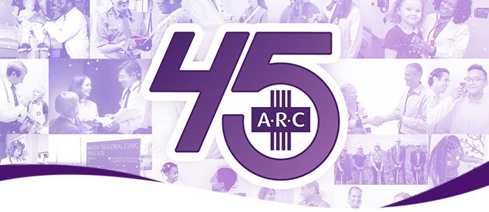 The number 45 with ARC branding with a collage of physicians and APCs seeing patients and important ARC events in the background, representing Austin Regional Clinic's 45th anniversary