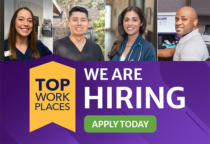 We Are Hiring banner with a Top Work Places ribbon and a collage including four happy and charismatic ARC team members