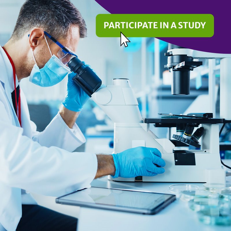 Clinical research specialist evaluating samples and the words, participate in a study, on a button