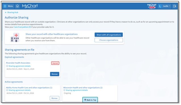Example of the Authorize Sharing section in ARC MyChart, where you can choose which  organizations outside of ARC can view your record