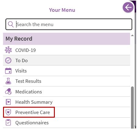 Circled 'Preventive Care' option on the 'Your Menu' section in ARC MyChart