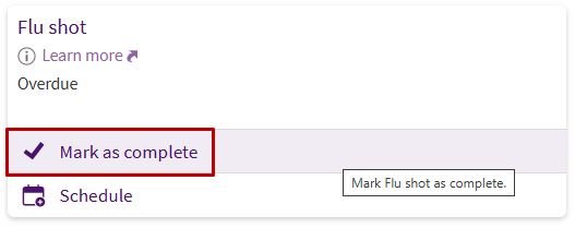 Circled 'Mark as complete' option in the 'Flu Shot' section in ARC MyChart