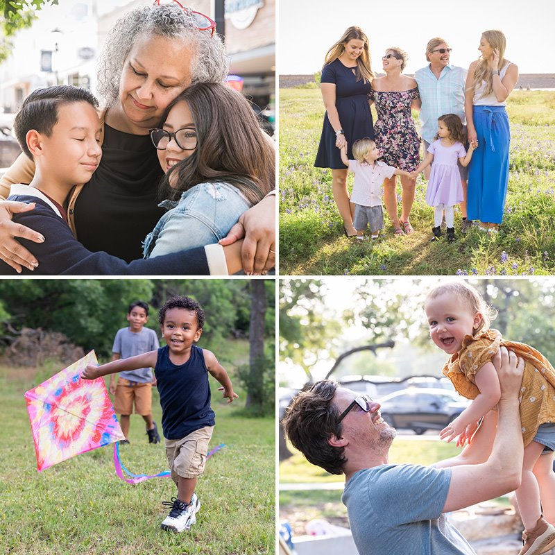 Collage of happy families outside, symbolizing good health after taking the COVID-19 vaccine