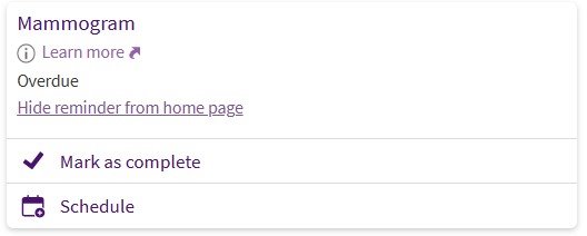 Example of a preventive care submission in ARC MyChart
