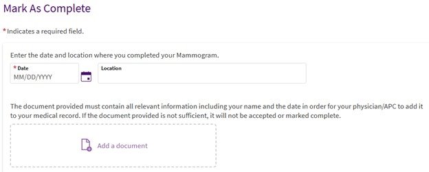 Example of the Mark As Complete section when you submit update your preventive care information in ARC MyChart