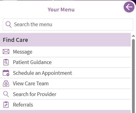 Example of the Find Care section, where you can find the Referrals option, in ARC MyChart