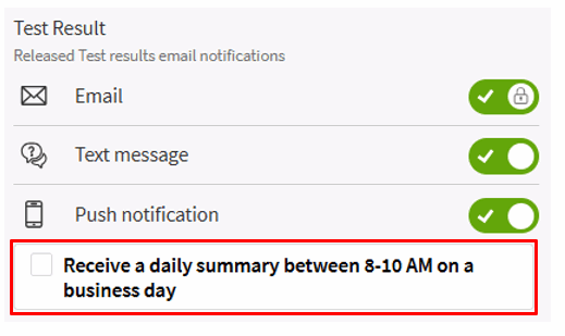 Image pointing out the checkbox to opt for a Daily Summary, which sends a single text message notification for all test results released the day before in ARC MyChart
