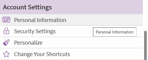 Screenshot of where to find Personal Information option in ARC MyChart. Go to Your Menu, Account Settings, then Personal Information