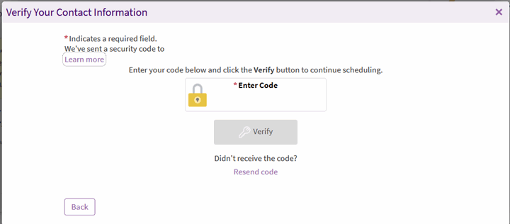 Example of the final screen where you enter the verification code to verify your mobile phone and email address in ARC MyChart